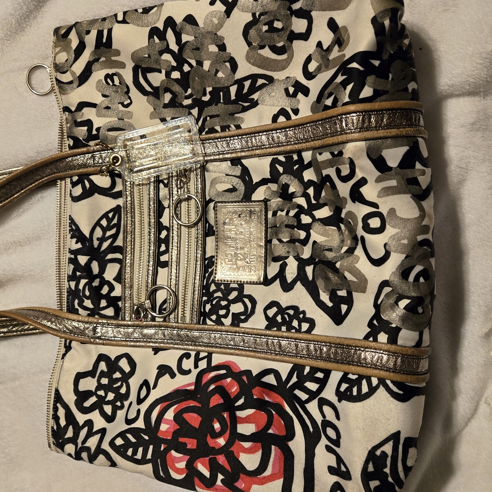 Coach Black and Red Tote Bag with Floral Accents